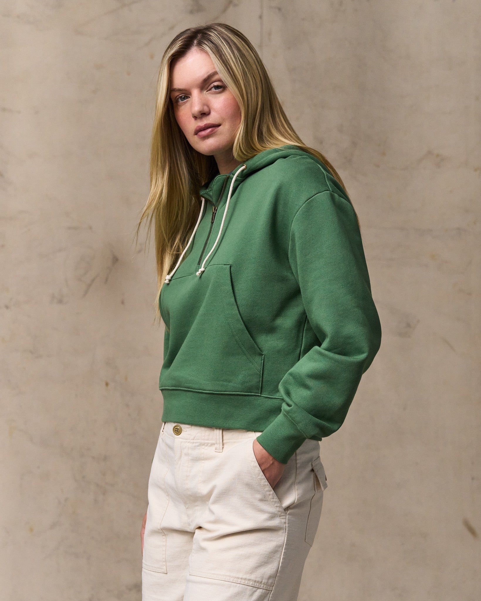 Women's French Terry Half-zip Hoodie - Light Forest
