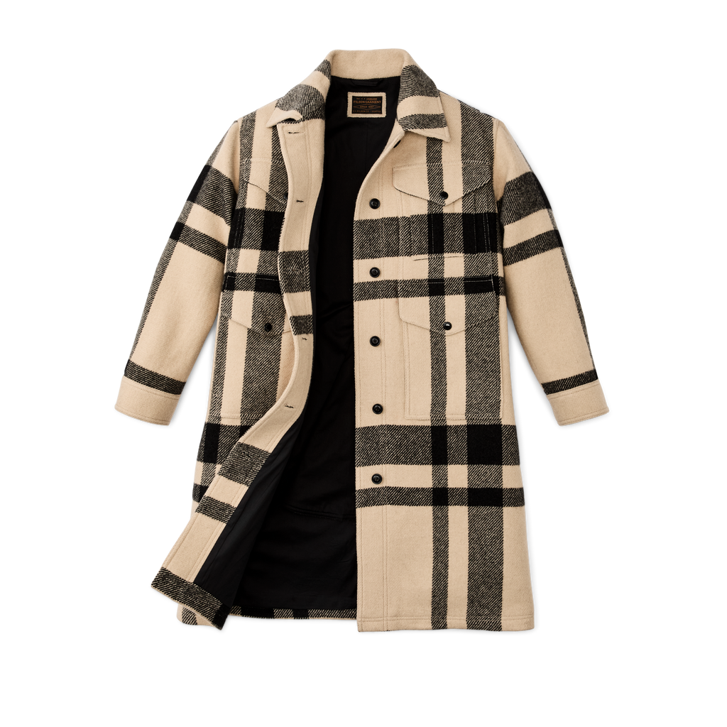 Women's Wool Long Cruiser Coat - Natural / Black Plaid