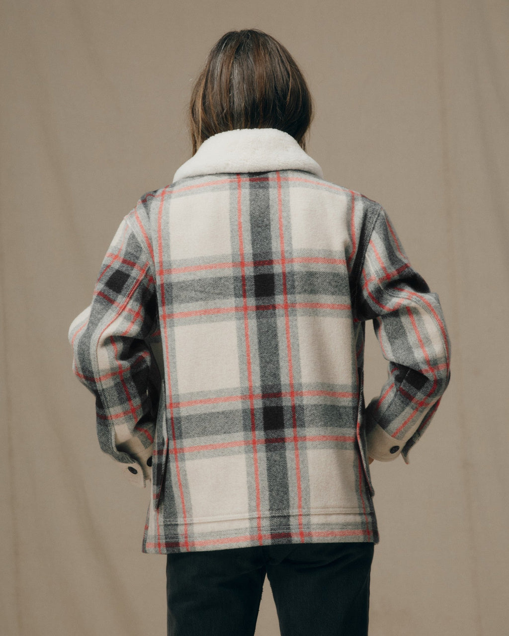Women's Mackinaw Wool Shearling Cruiser Jacket - Cream / Red / Black Plaid