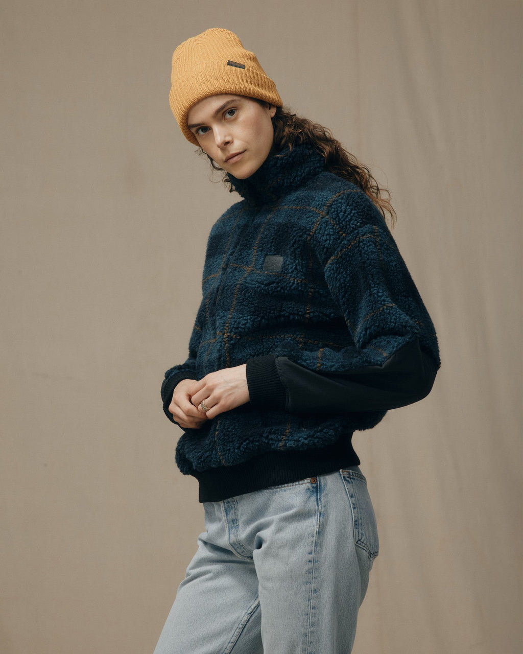 Women's Pile Fleece Popover - Blue / Black Plaid