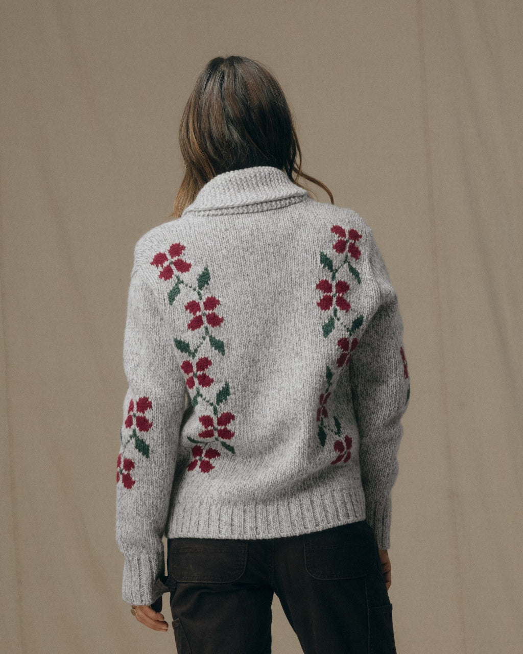 Women's Zippered Wool Sweater - Gray / Flower