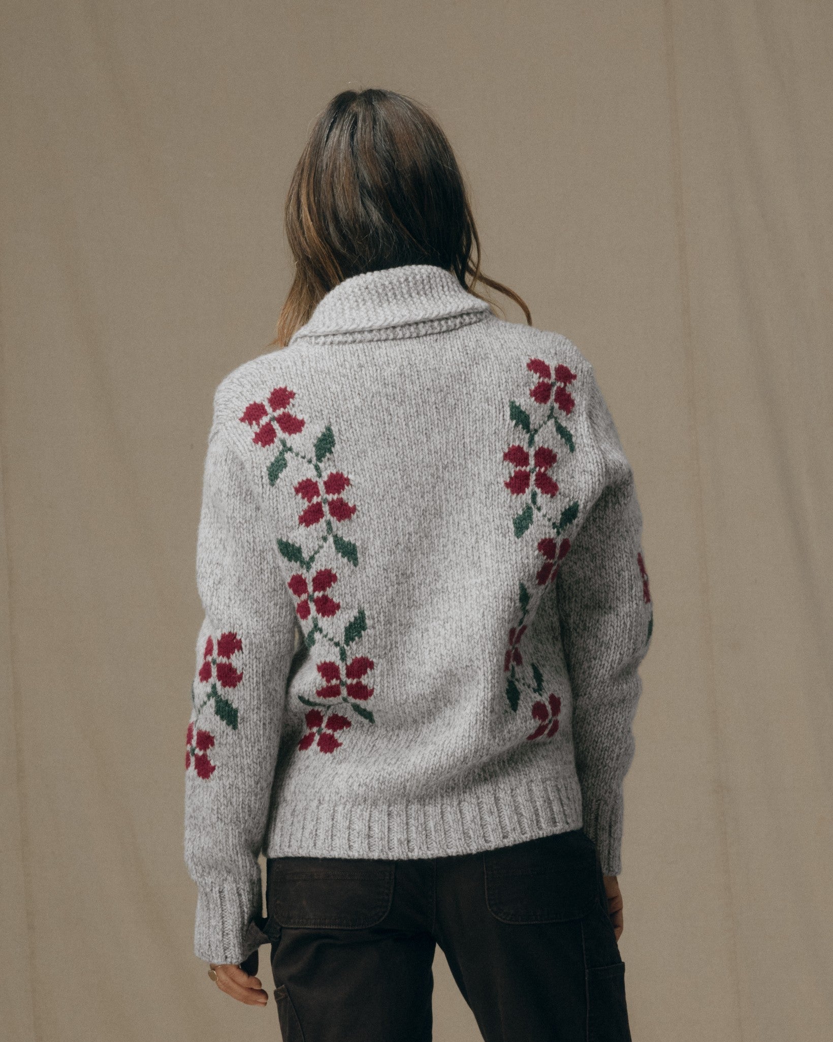 Women's Zippered Wool Sweater - Gray / Flower