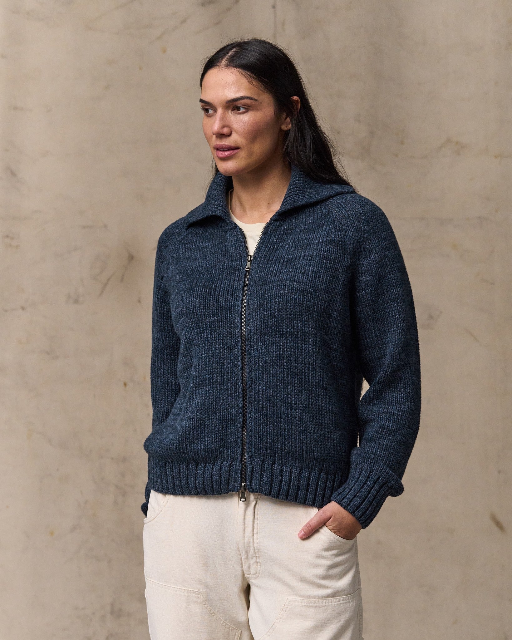 Women's Cotton Full-zip Cardigan - Navy / Marl