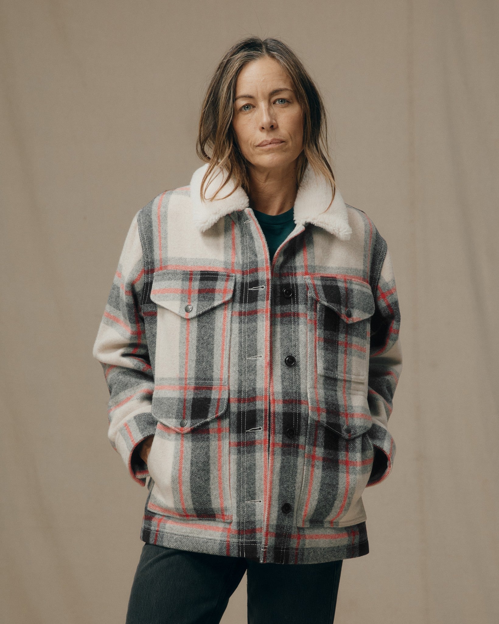 Women's Mackinaw Wool Shearling Cruiser Jacket - Cream / Red / Black Plaid