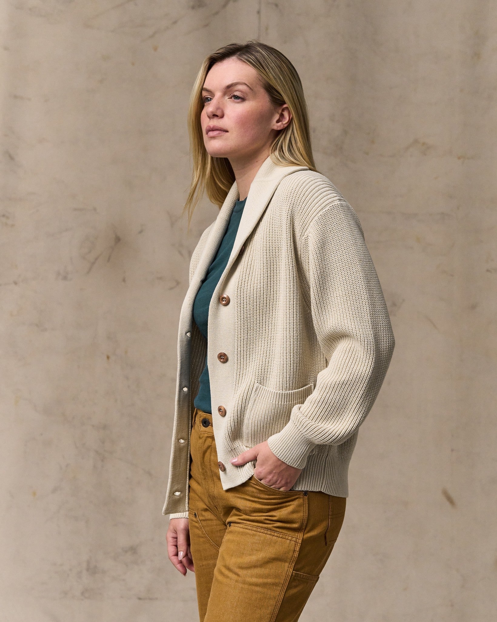 Women's Cotton Shawl Neck Cardigan - Natural