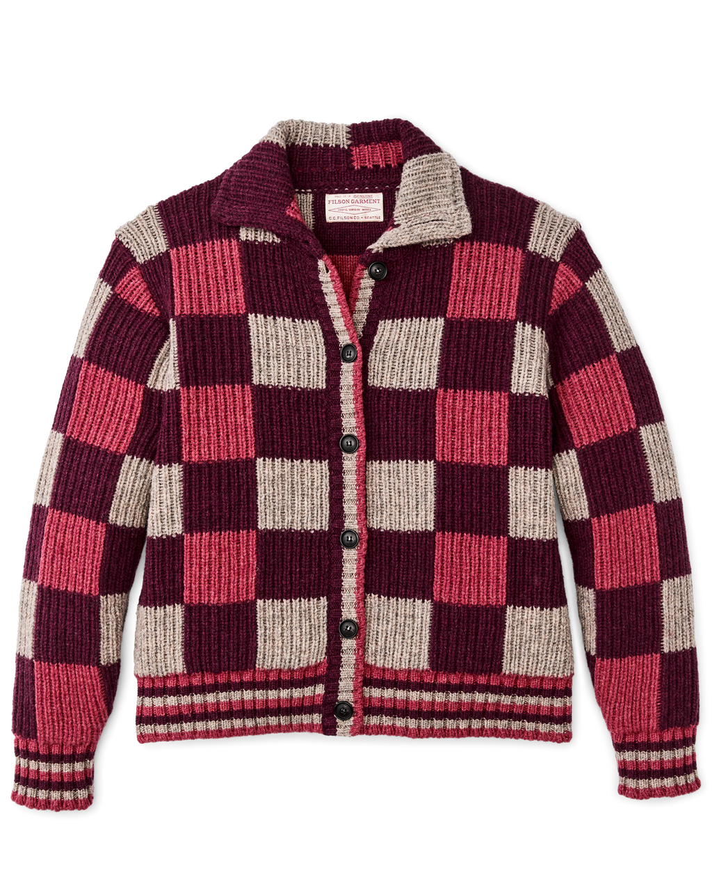 Women's Checkered Wool Cardigan - Burgundy / Gray Check