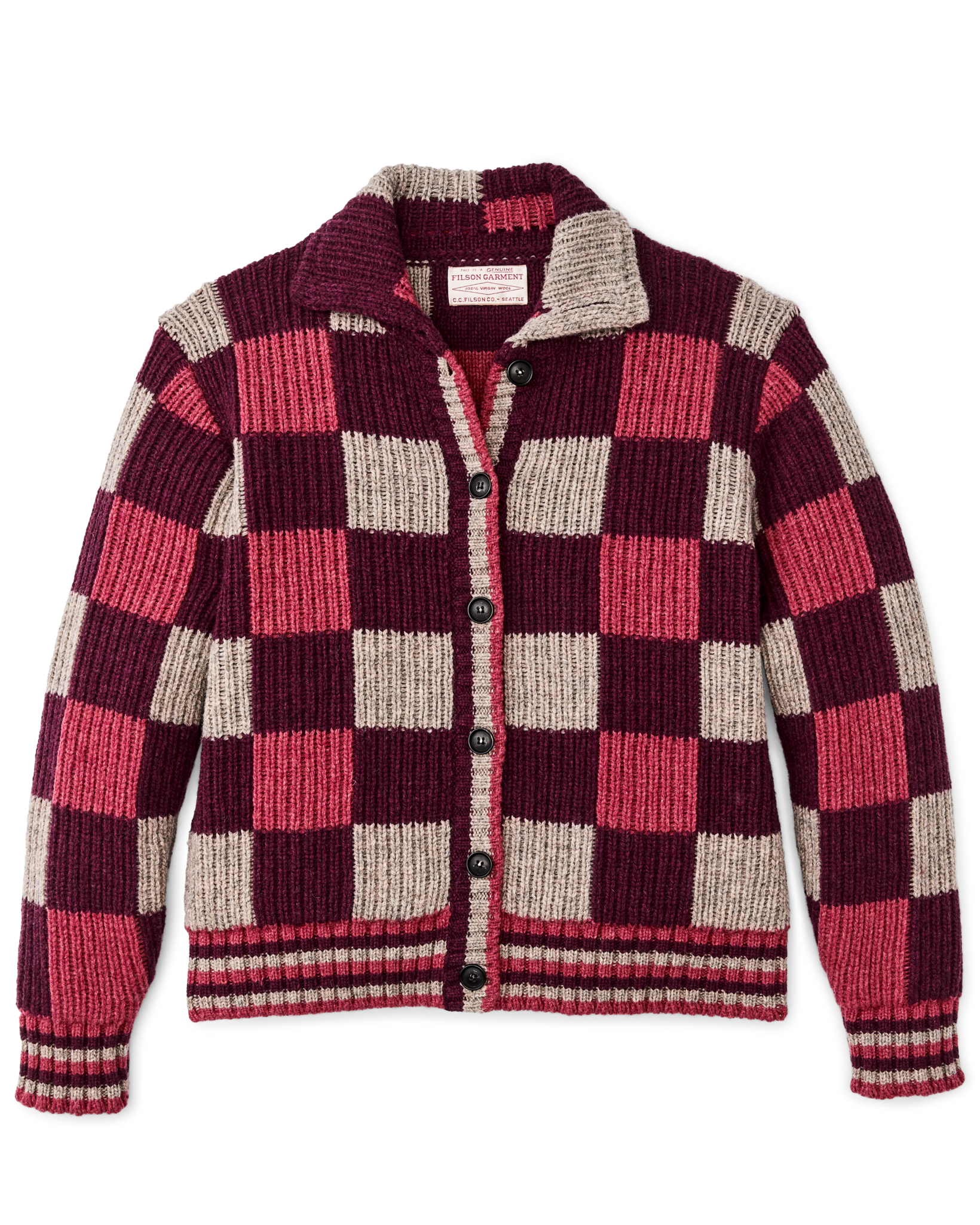 Women's Checkered Wool Cardigan - Burgundy / Gray Check