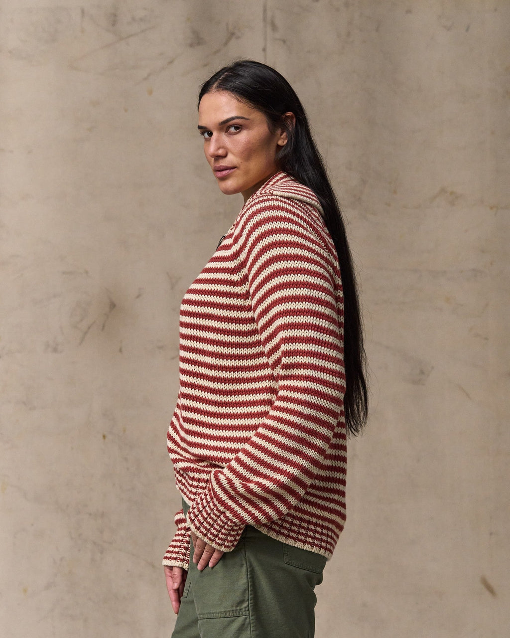 Women's Cotton Full-zip Cardigan - Brick / Sand Stripe